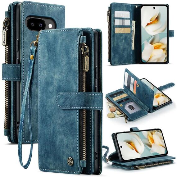Per Google Pixel 9a CaseMe C30 Custodia per telefono in pelle con cerniera e slot per schede (blu)