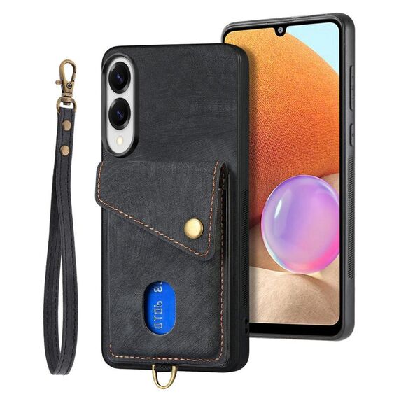 Per Samsung Galaxy S25 Edge 5G Retro Card Wallet Fold Custodia in pelle per telefono con cinturino (nero)