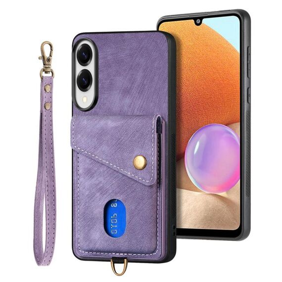 Per Samsung Galaxy S25 Edge 5G Retro Card Wallet Fold Custodia in pelle per telefono con cinturino (viola)