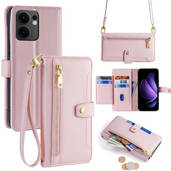 Per OPPO Reno13 F 5G / 4G Custodia per telefono in pelle con cerniera a tracolla con texture di pecora (rosa)