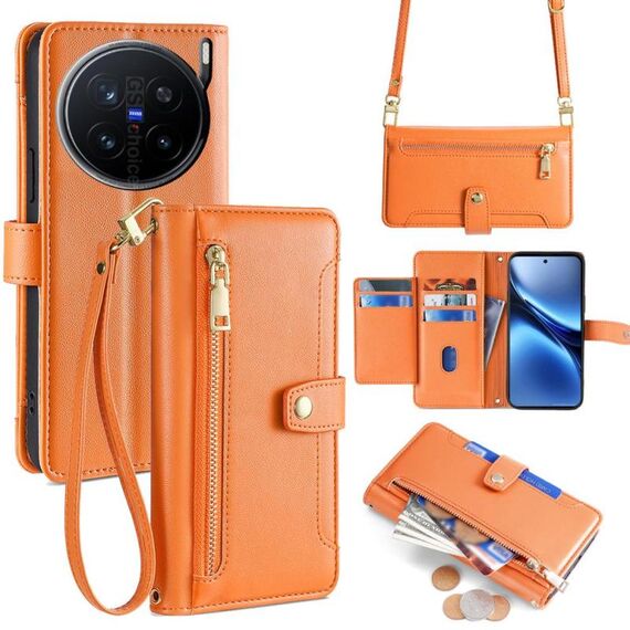 Per vivo X200 Pro 5G Custodia per telefono in pelle con cerniera a tracolla con texture di pecora (arancione)