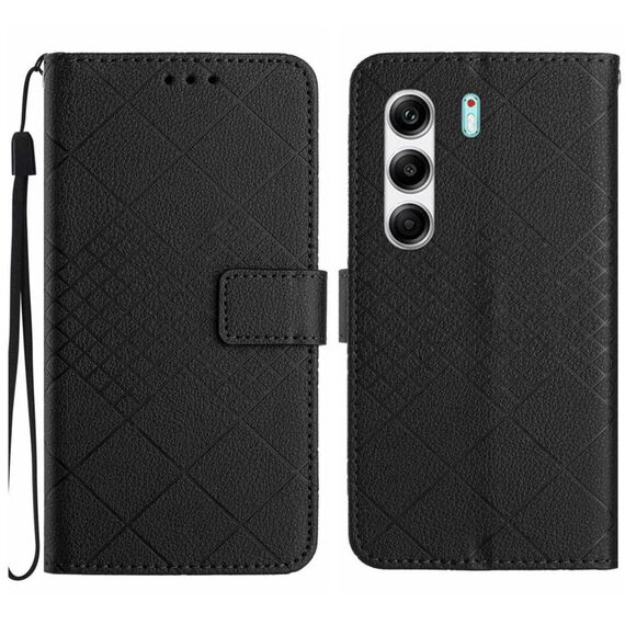 Custodia in pelle con trama a griglia rombica per Tecno Camon 40 4G (nera)