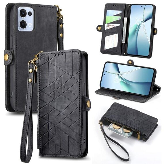 Per OPPO Reno13 Custodia per telefono in pelle con fibbia laterale e cerniera geometrica (nero)