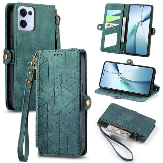 Per OPPO Reno13 Pro Custodia per telefono in pelle con fibbia laterale e cerniera geometrica (verde)