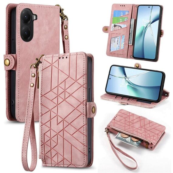 Per Xiaomi Poco X7 Pro Custodia per telefono in pelle con fibbia laterale con cerniera geometrica (rosa)