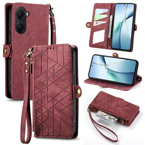 Per Redmi Turbo 4 Custodia per telefono in pelle con fibbia laterale con cerniera geometrica (rosso)