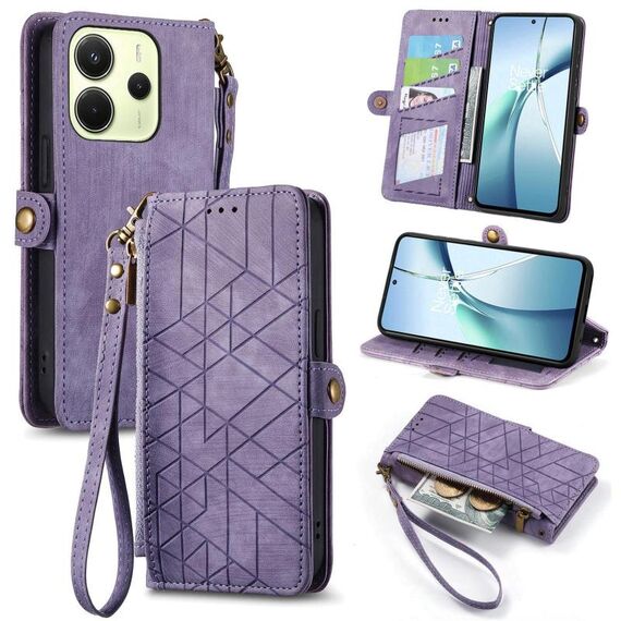 Per Redmi Note 14 4G 163,25 mm Custodia per telefono in pelle con cerniera geometrica e fibbia laterale (viola)
