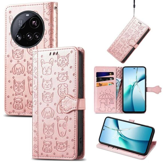 Per Xiaomi 15 Ultra Custodia in pelle goffrata con motivo a gatto e cane (oro rosa)