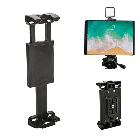 Supporto per tablet e telefono con attacco a slitta regolabile YUNTENG VCT-320 con doppio foro per vite da 1/4 di pollice per dispositivi da 5,1-9,9 pollici (nero)