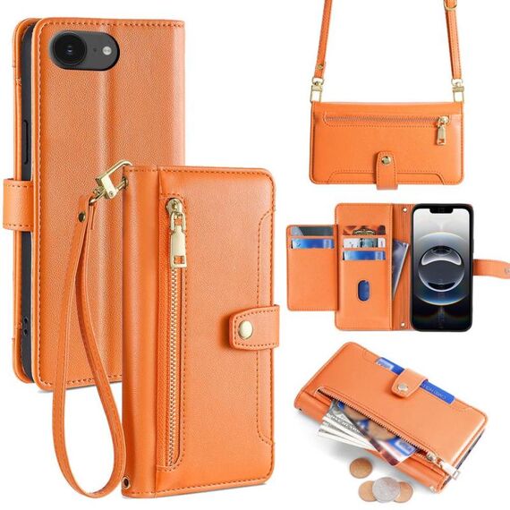 Per iPhone 16e Custodia per telefono in pelle con cerniera a tracolla con texture di pecora (arancione)