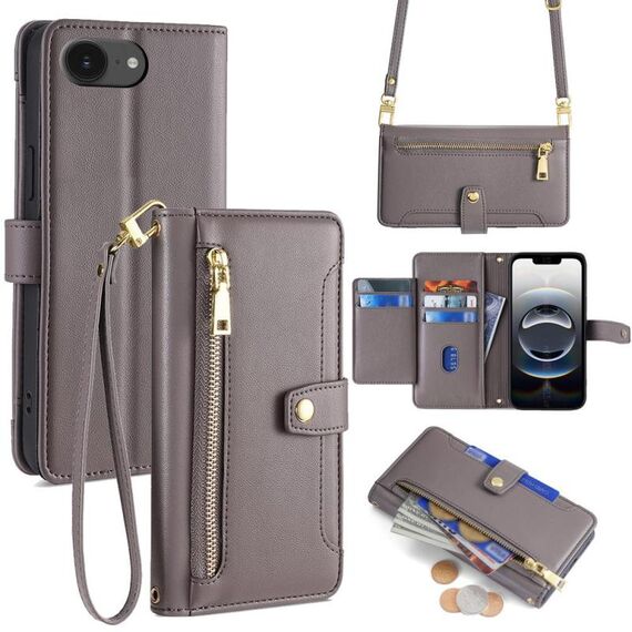 Per iPhone 16e Custodia per telefono in pelle con cerniera a tracolla con texture di pecora (grigio)