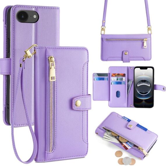 Per iPhone 16e Custodia per telefono in pelle con cerniera a tracolla con texture di pecora (viola)