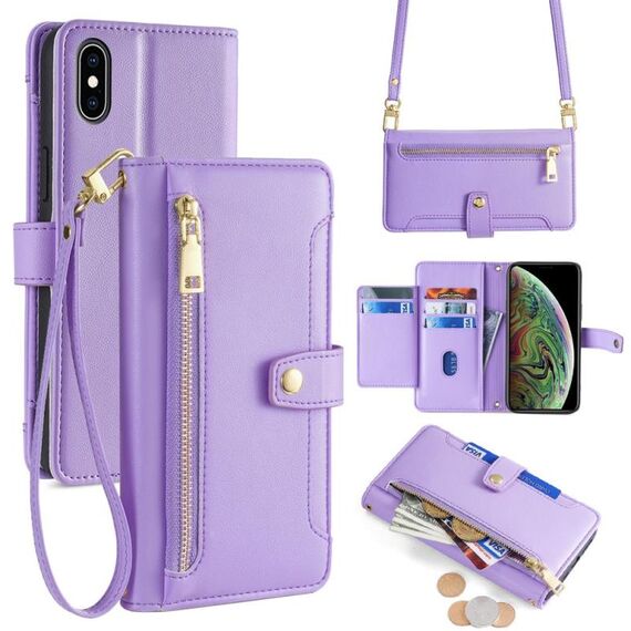 Per iPhone XS Max Custodia per telefono in pelle con cerniera a tracolla con texture di pecora (viola)