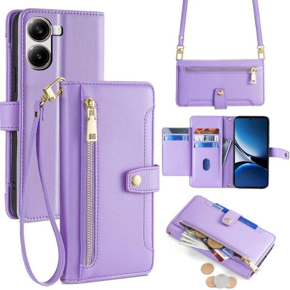 Per Redmi Turbo 4 Custodia per telefono in pelle con cerniera a tracolla con texture di pecora (viola)