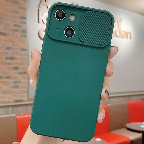 Per iPhone 14 Plus Custodia per telefono in silicone liquido TPU con protezione per fotocamera scorrevole (verde scuro)