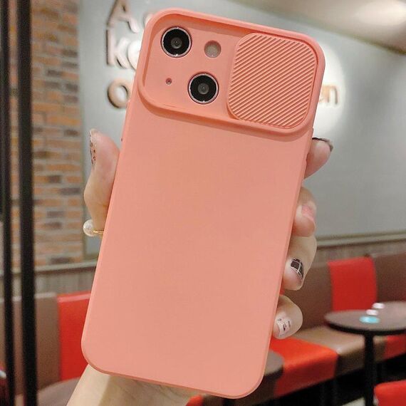 Per iPhone 14 Custodia per telefono in silicone liquido TPU con protezione per fotocamera scorrevole (rosa arancione)