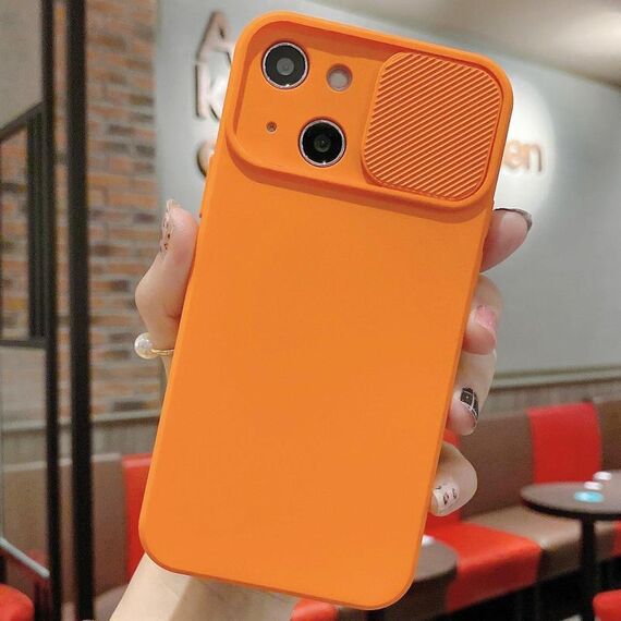 Per iPhone 13 Custodia per telefono in silicone liquido TPU con protezione per fotocamera scorrevole (arancione)