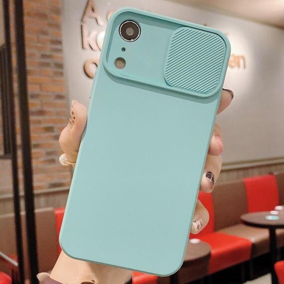 Per iPhone XR Custodia per telefono in silicone liquido TPU con protezione per fotocamera scorrevole (blu ghiaccio)