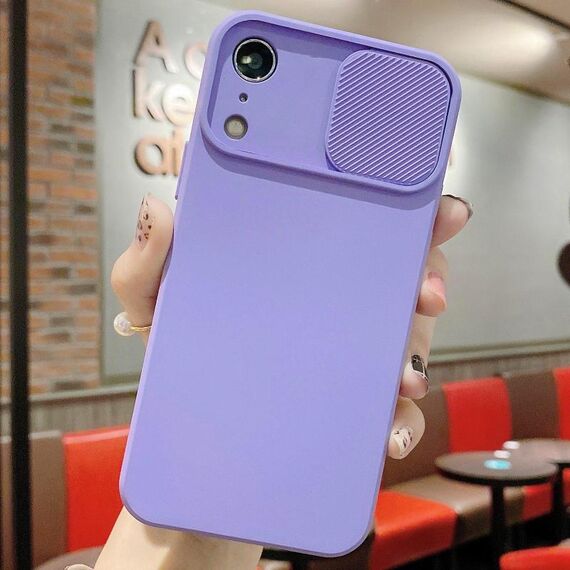 Per iPhone XR Custodia per telefono in silicone liquido TPU con protezione per fotocamera scorrevole (viola lavanda)