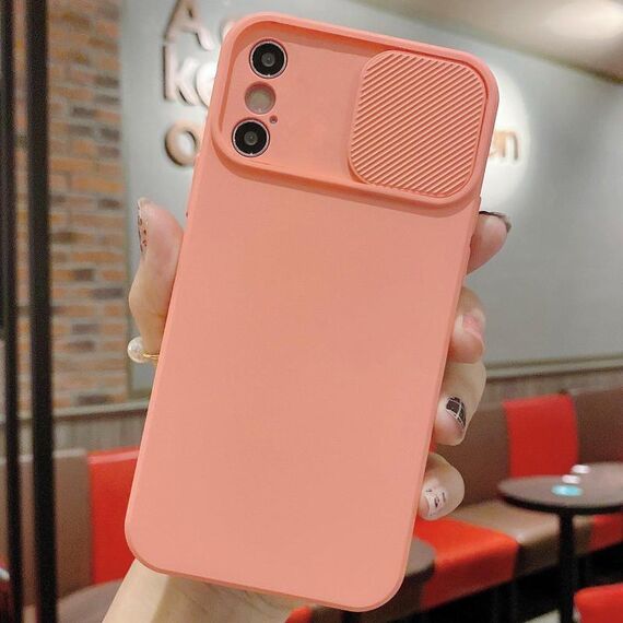 Per iPhone XS Max Custodia per telefono in silicone liquido TPU con protezione per fotocamera scorrevole (rosa arancione)