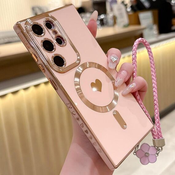 Per Samsung Galaxy S25 Ultra 5G Pupil Side Heart MagSafe Custodia per telefono galvanica con cordino (rosa)