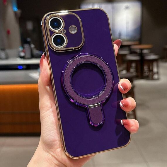 Per iPhone 16 Plus Custodia per telefono con supporto in metallo elettroplaccato tinta unita (viola scuro)