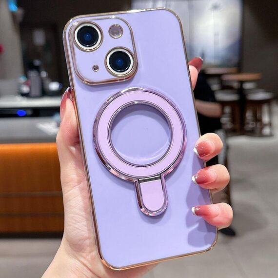 Per iPhone 15 Plus Custodia per telefono con supporto in metallo elettroplaccato tinta unita (viola chiaro)