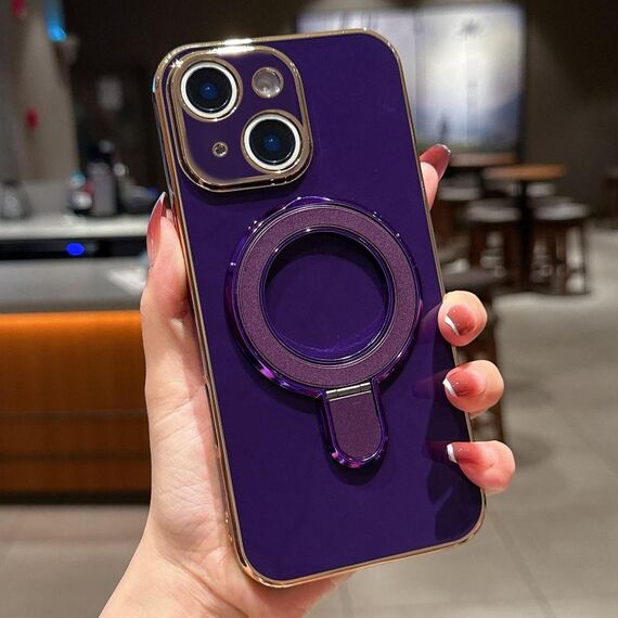 Per iPhone 15 Custodia per telefono con supporto in metallo elettroplaccato a tinta unita (viola scuro)