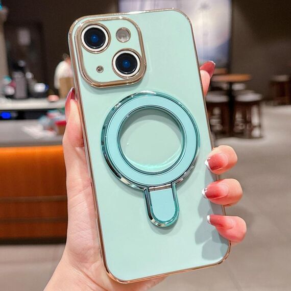 Per iPhone 14 Plus Custodia per telefono con supporto in metallo elettroplaccato tinta unita (verde chiaro)