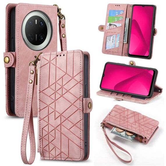 Per Huawei Mate 70 Custodia per telefono in pelle con fibbia laterale e cerniera geometrica (rosa)