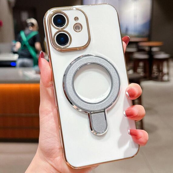 Per iPhone 12 Custodia per telefono con supporto in metallo elettroplaccato a tinta unita (argento bianco)