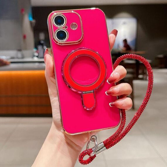 Per iPhone 16 Plus Custodia per telefono con supporto in metallo elettroplaccato a tinta unita con cordino (rosso rosa)