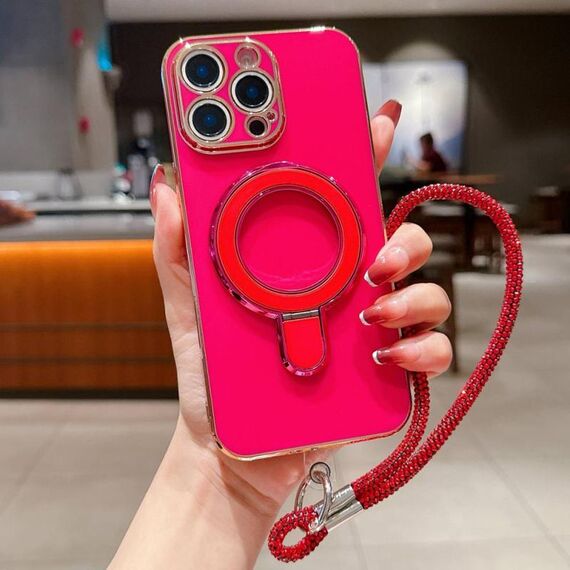 Per iPhone 15 Pro Custodia per telefono con supporto in metallo elettroplaccato a tinta unita con cordino (rosso rosa)