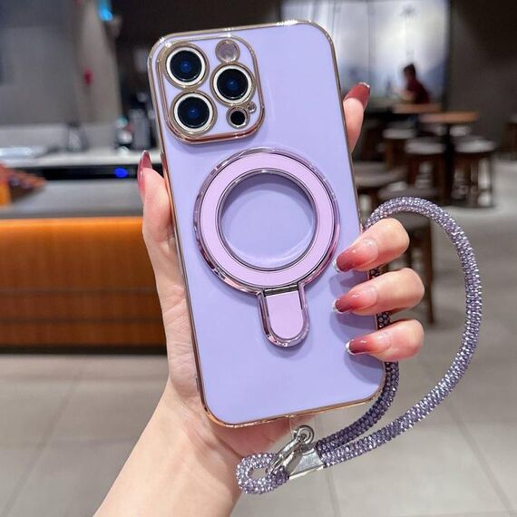 Per iPhone 15 Pro Custodia per telefono con supporto in metallo elettroplaccato a tinta unita con cordino (viola chiaro)