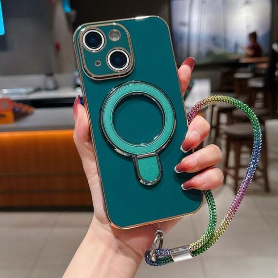 Per iPhone 15 Plus Custodia per telefono con supporto in metallo elettroplaccato a tinta unita con cordino (verde scuro)