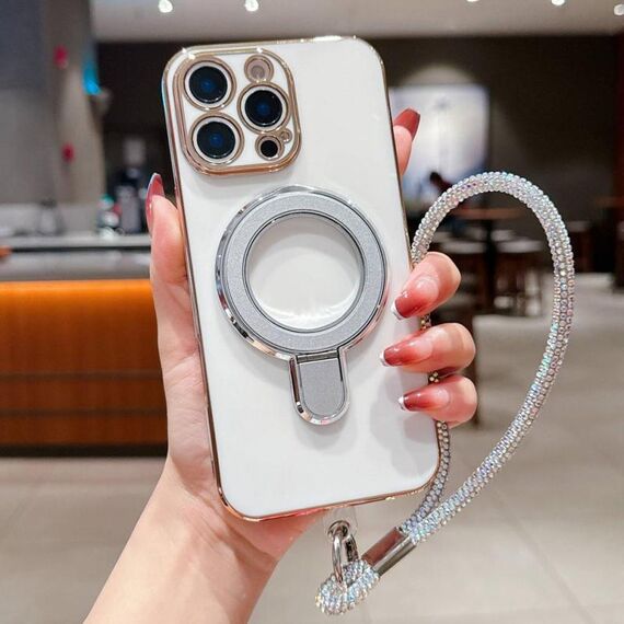 Per iPhone 12 Pro Custodia per telefono con supporto in metallo elettroplaccato a tinta unita con cordino (argento bianco)
