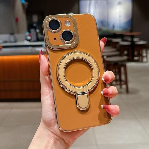 Per iPhone 15 Charm Eye Custodia per telefono con supporto in metallo galvanico (marrone)