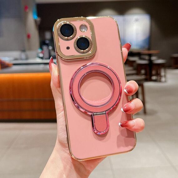 Per iPhone 14 Charm Eye Custodia per telefono con supporto in metallo galvanico (rosa)