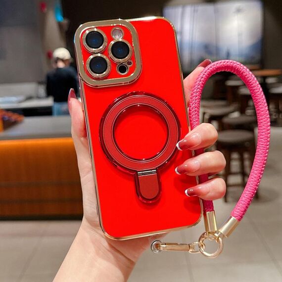 Per iPhone 15 Pro Charm Eye Custodia per telefono con supporto in metallo galvanico con cordino (rosso)