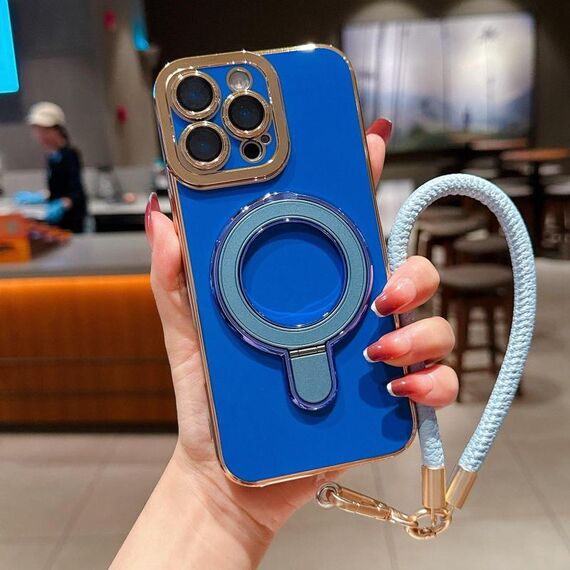 Per iPhone 15 Pro Charm Eye Custodia per telefono con supporto in metallo galvanico con cordino (blu)