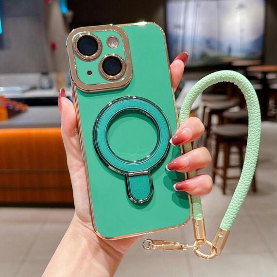 Per iPhone 14 Plus Charm Eye Custodia per telefono con supporto in metallo galvanico con cordino (verde)