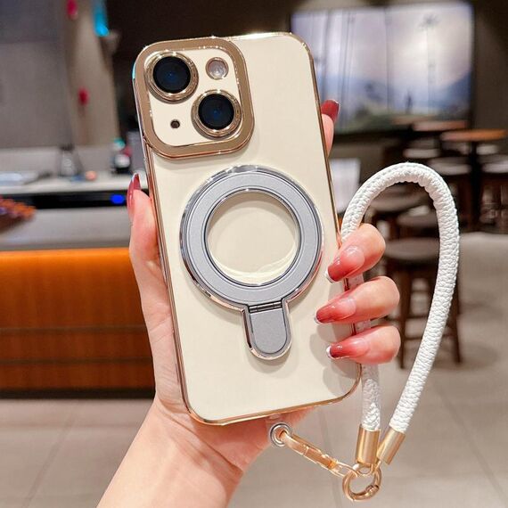 Per iPhone 14 Plus Charm Eye Custodia per telefono con supporto in metallo galvanico con cordino (argento)