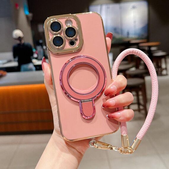 Per iPhone 14 Pro Max Charm Eye Custodia per telefono con supporto in metallo galvanico con cordino (rosa)