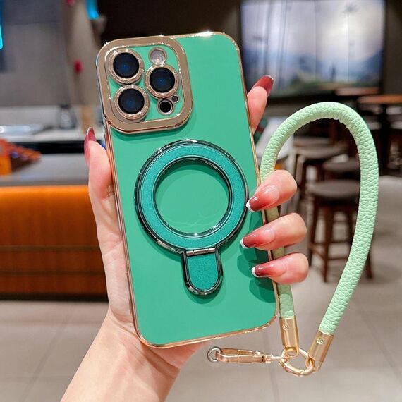 Per iPhone 13 Pro Max Charm Eye Custodia per telefono con supporto in metallo galvanico con cordino (verde)