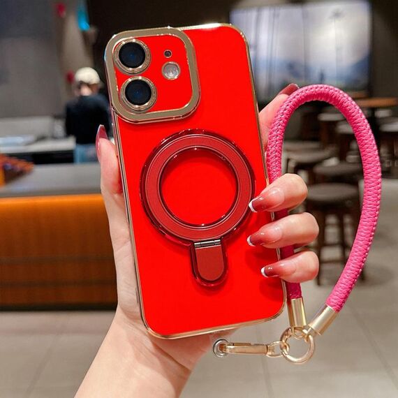 Per iPhone 12 Charm Eye Custodia per telefono con supporto in metallo galvanico con cordino (rosso)