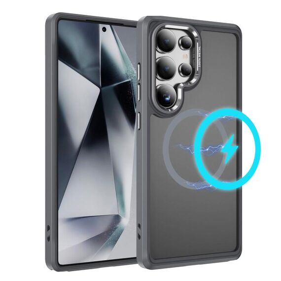 Per Samsung Galaxy S25 Ultra 5G Custodia protettiva per obiettivo hardware MagSafe magnetica in TPU ibrida per PC (grigio)
