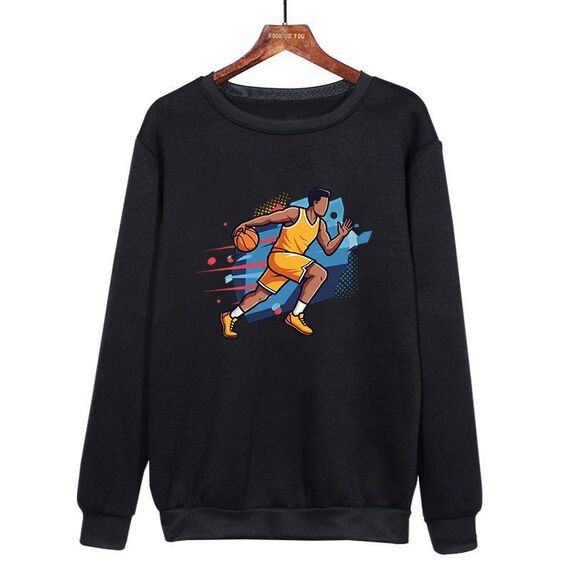 Felpa girocollo casual larga con stampa giocatore di basket, stampa su richiesta, taglia: XL (nero)
