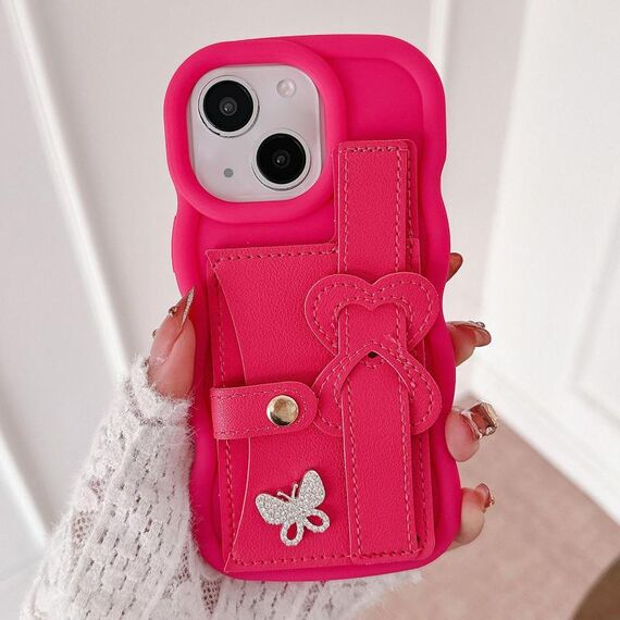 Per iPhone 15 Plus cinturino in pelle Love Holder Card Bag custodia per telefono (rosso rosa)