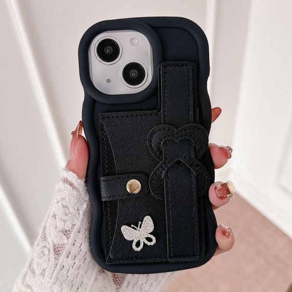 Per iPhone 15 Plus cinturino in pelle Love Holder Card Bag custodia per telefono (nero)