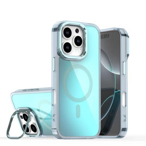 Per iPhone 16 Pro Plating Gradient Discolor Custodia per telefono MagSafe con supporto (blu)